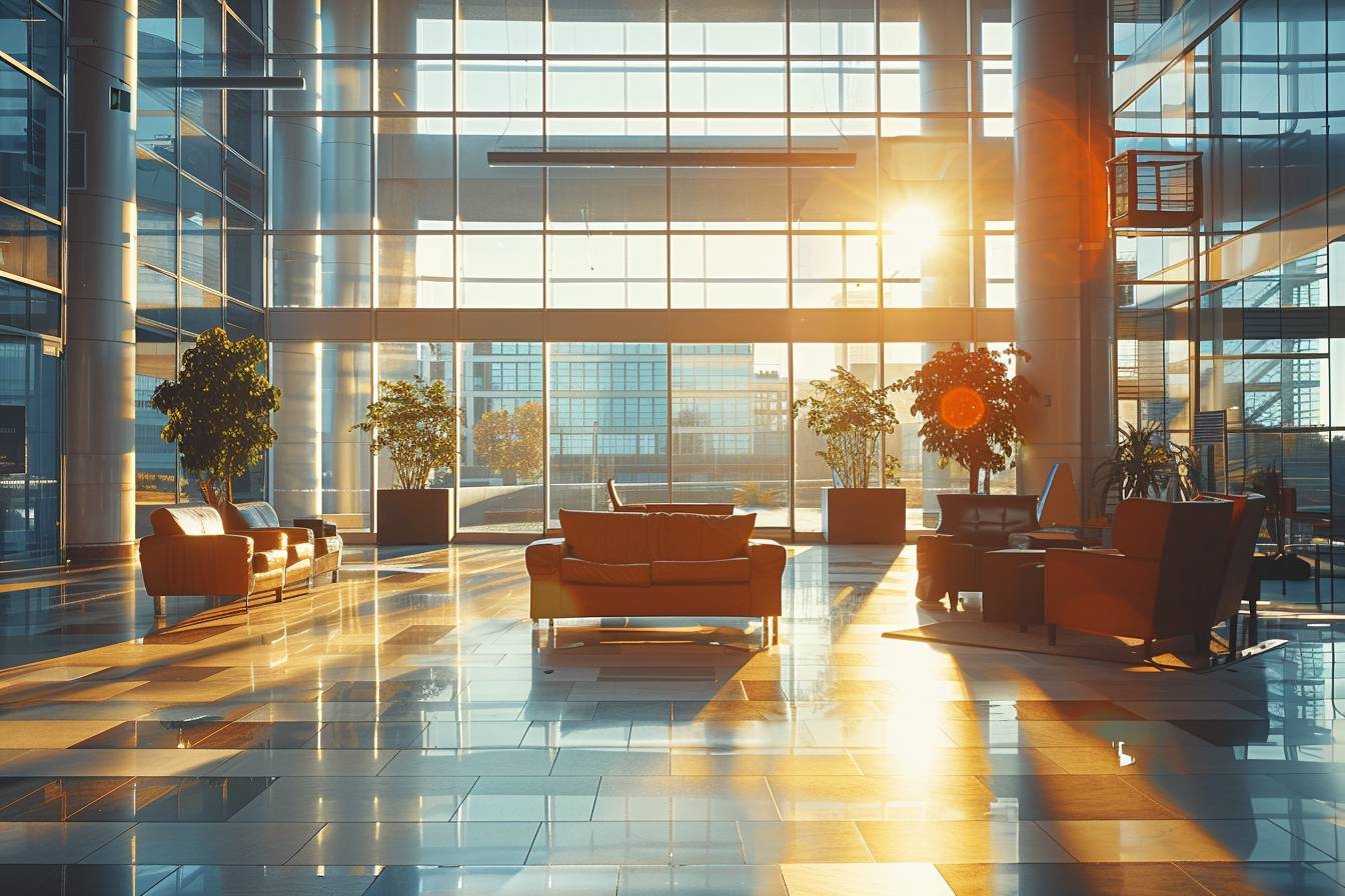 Logo d'une multinationale influente sur le marché global  
Bâtiment moderne d'une entreprise leader mondialement